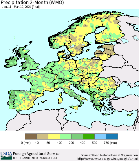 Europe Precipitation 2-Month (WMO) Thematic Map For 1/11/2021 - 3/10/2021