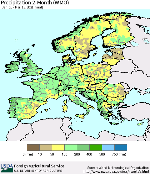 Europe Precipitation 2-Month (WMO) Thematic Map For 1/16/2021 - 3/15/2021