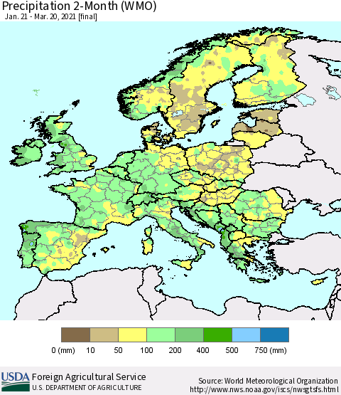 Europe Precipitation 2-Month (WMO) Thematic Map For 1/21/2021 - 3/20/2021