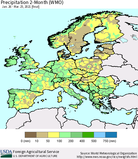 Europe Precipitation 2-Month (WMO) Thematic Map For 1/26/2021 - 3/25/2021