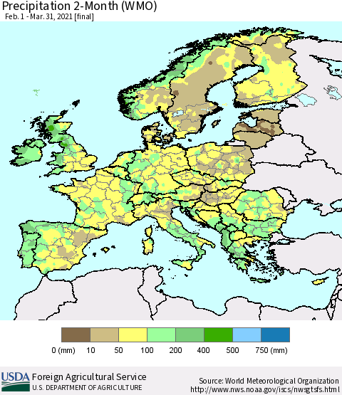 Europe Precipitation 2-Month (WMO) Thematic Map For 2/1/2021 - 3/31/2021