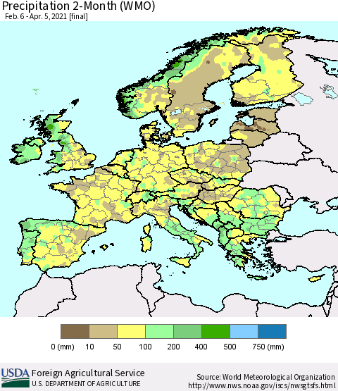 Europe Precipitation 2-Month (WMO) Thematic Map For 2/6/2021 - 4/5/2021