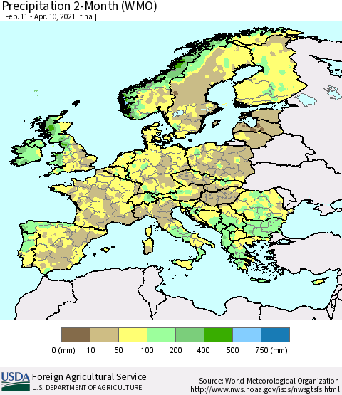 Europe Precipitation 2-Month (WMO) Thematic Map For 2/11/2021 - 4/10/2021