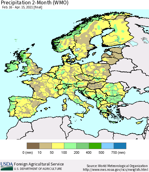 Europe Precipitation 2-Month (WMO) Thematic Map For 2/16/2021 - 4/15/2021