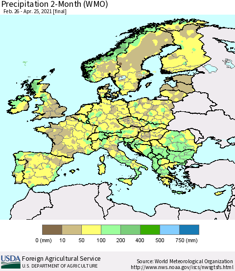 Europe Precipitation 2-Month (WMO) Thematic Map For 2/26/2021 - 4/25/2021