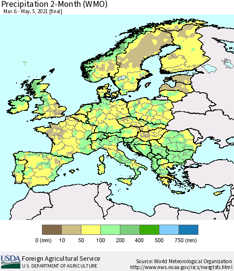 Europe Precipitation 2-Month (WMO) Thematic Map For 3/6/2021 - 5/5/2021