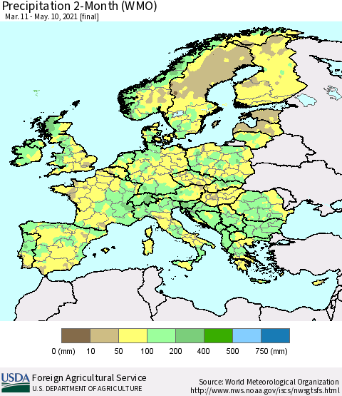 Europe Precipitation 2-Month (WMO) Thematic Map For 3/11/2021 - 5/10/2021
