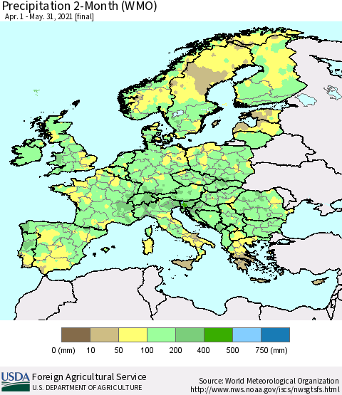 Europe Precipitation 2-Month (WMO) Thematic Map For 4/1/2021 - 5/31/2021