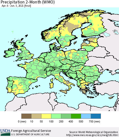 Europe Precipitation 2-Month (WMO) Thematic Map For 4/6/2021 - 6/5/2021