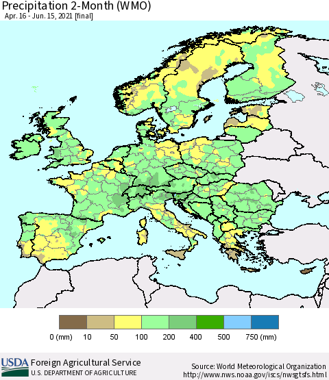 Europe Precipitation 2-Month (WMO) Thematic Map For 4/16/2021 - 6/15/2021