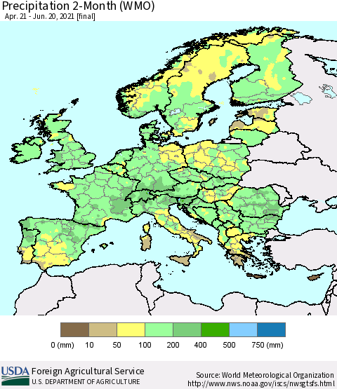 Europe Precipitation 2-Month (WMO) Thematic Map For 4/21/2021 - 6/20/2021