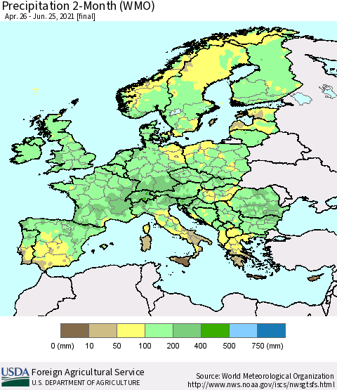 Europe Precipitation 2-Month (WMO) Thematic Map For 4/26/2021 - 6/25/2021