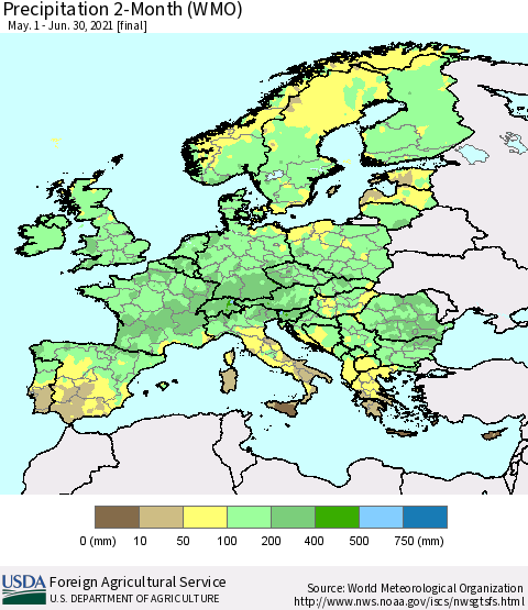 Europe Precipitation 2-Month (WMO) Thematic Map For 5/1/2021 - 6/30/2021