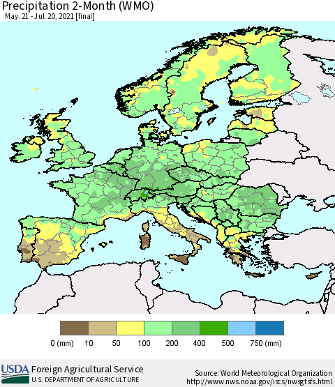 Europe Precipitation 2-Month (WMO) Thematic Map For 5/21/2021 - 7/20/2021