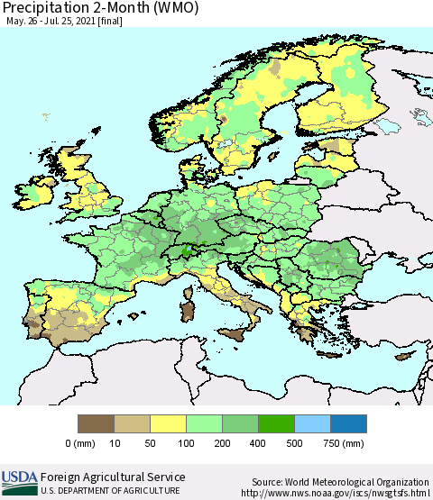 Europe Precipitation 2-Month (WMO) Thematic Map For 5/26/2021 - 7/25/2021