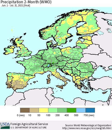 Europe Precipitation 2-Month (WMO) Thematic Map For 6/1/2021 - 7/31/2021