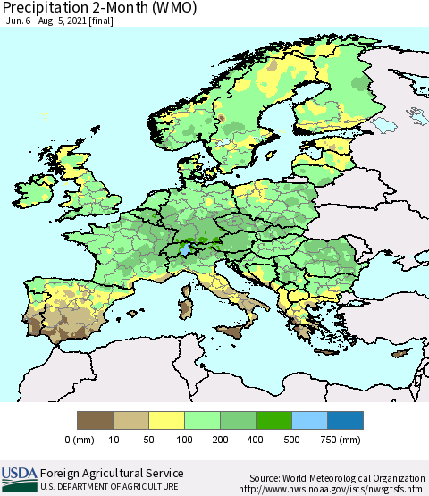 Europe Precipitation 2-Month (WMO) Thematic Map For 6/6/2021 - 8/5/2021