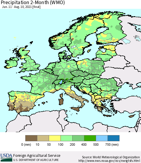 Europe Precipitation 2-Month (WMO) Thematic Map For 6/11/2021 - 8/10/2021