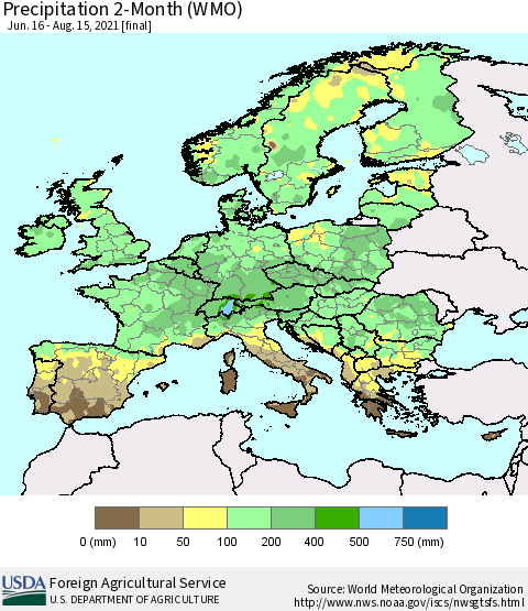 Europe Precipitation 2-Month (WMO) Thematic Map For 6/16/2021 - 8/15/2021