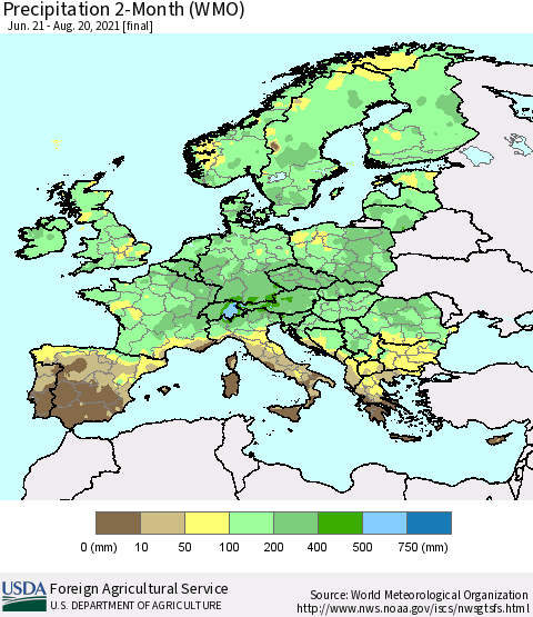 Europe Precipitation 2-Month (WMO) Thematic Map For 6/21/2021 - 8/20/2021