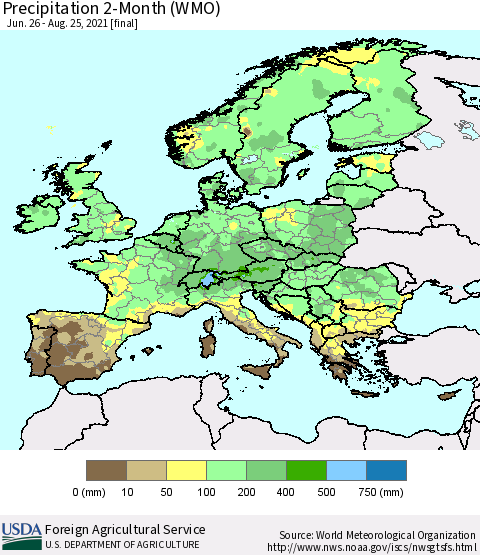 Europe Precipitation 2-Month (WMO) Thematic Map For 6/26/2021 - 8/25/2021
