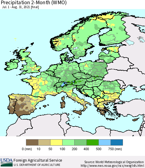 Europe Precipitation 2-Month (WMO) Thematic Map For 7/1/2021 - 8/31/2021