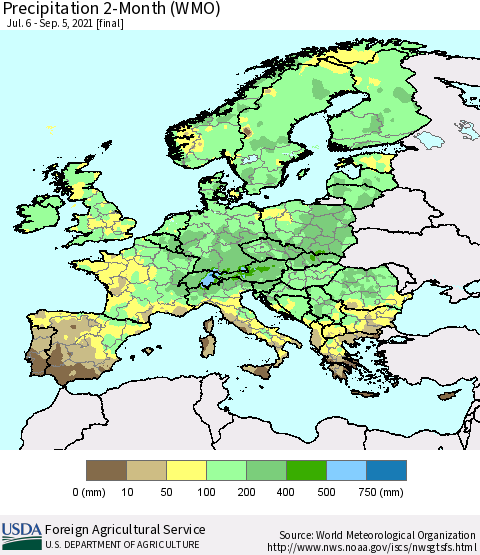Europe Precipitation 2-Month (WMO) Thematic Map For 7/6/2021 - 9/5/2021