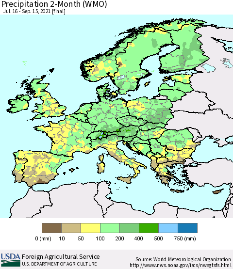 Europe Precipitation 2-Month (WMO) Thematic Map For 7/16/2021 - 9/15/2021