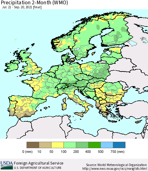 Europe Precipitation 2-Month (WMO) Thematic Map For 7/21/2021 - 9/20/2021