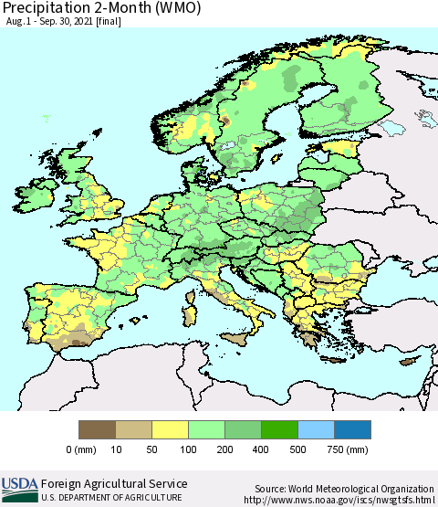 Europe Precipitation 2-Month (WMO) Thematic Map For 8/1/2021 - 9/30/2021