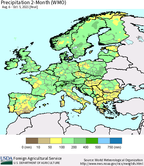 Europe Precipitation 2-Month (WMO) Thematic Map For 8/6/2021 - 10/5/2021