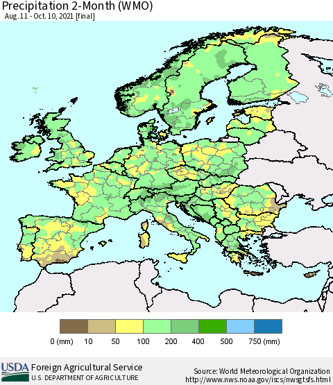 Europe Precipitation 2-Month (WMO) Thematic Map For 8/11/2021 - 10/10/2021