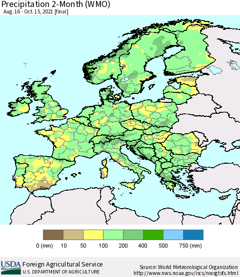 Europe Precipitation 2-Month (WMO) Thematic Map For 8/16/2021 - 10/15/2021