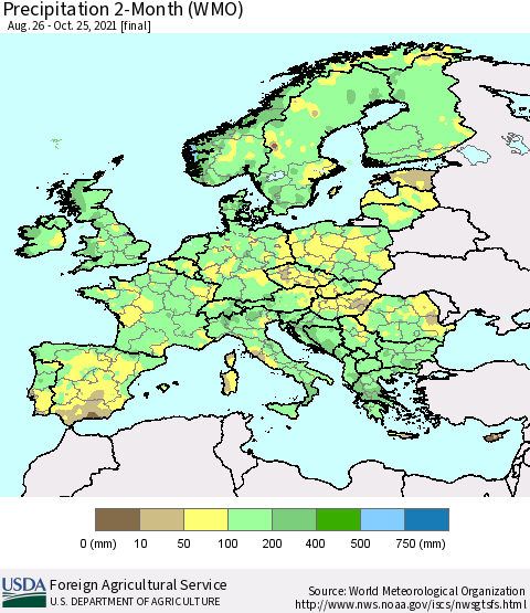 Europe Precipitation 2-Month (WMO) Thematic Map For 8/26/2021 - 10/25/2021