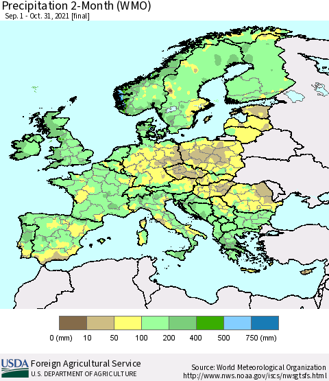 Europe Precipitation 2-Month (WMO) Thematic Map For 9/1/2021 - 10/31/2021
