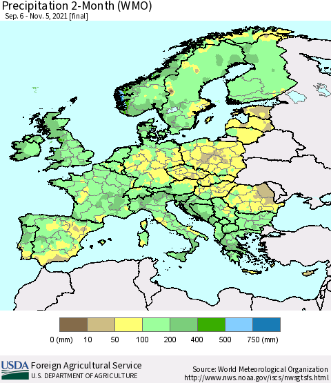 Europe Precipitation 2-Month (WMO) Thematic Map For 9/6/2021 - 11/5/2021