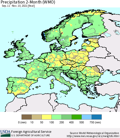 Europe Precipitation 2-Month (WMO) Thematic Map For 9/11/2021 - 11/10/2021
