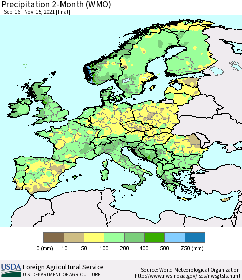 Europe Precipitation 2-Month (WMO) Thematic Map For 9/16/2021 - 11/15/2021