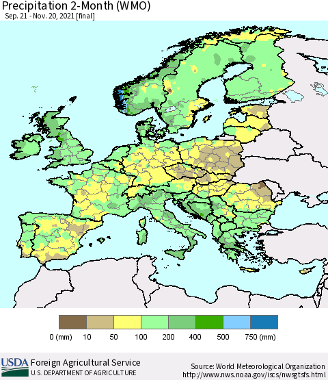 Europe Precipitation 2-Month (WMO) Thematic Map For 9/21/2021 - 11/20/2021