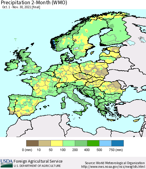 Europe Precipitation 2-Month (WMO) Thematic Map For 10/1/2021 - 11/30/2021