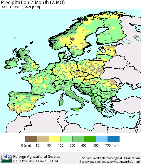 Europe Precipitation 2-Month (WMO) Thematic Map For 10/11/2021 - 12/10/2021