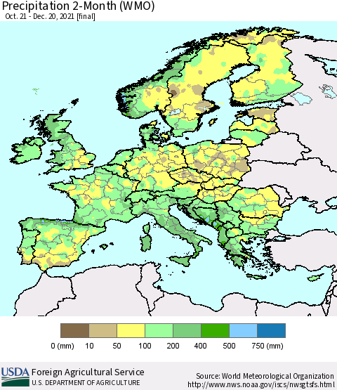 Europe Precipitation 2-Month (WMO) Thematic Map For 10/21/2021 - 12/20/2021