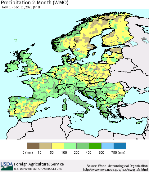 Europe Precipitation 2-Month (WMO) Thematic Map For 11/1/2021 - 12/31/2021