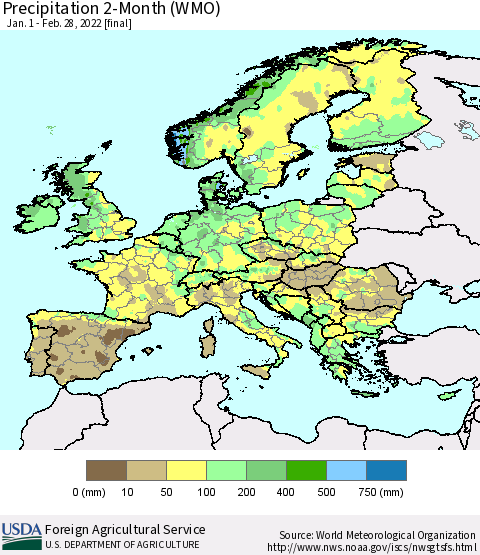 Europe Precipitation 2-Month (WMO) Thematic Map For 1/1/2022 - 2/28/2022