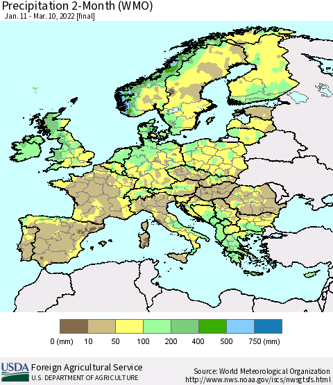 Europe Precipitation 2-Month (WMO) Thematic Map For 1/11/2022 - 3/10/2022