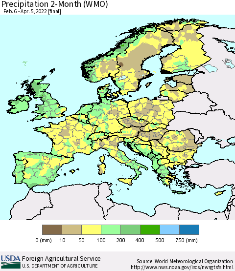 Europe Precipitation 2-Month (WMO) Thematic Map For 2/6/2022 - 4/5/2022