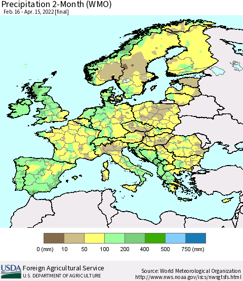 Europe Precipitation 2-Month (WMO) Thematic Map For 2/16/2022 - 4/15/2022