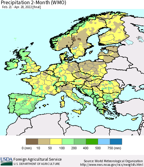 Europe Precipitation 2-Month (WMO) Thematic Map For 2/21/2022 - 4/20/2022
