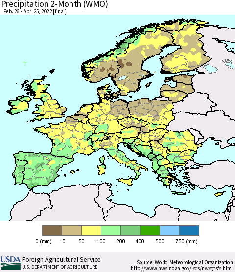 Europe Precipitation 2-Month (WMO) Thematic Map For 2/26/2022 - 4/25/2022