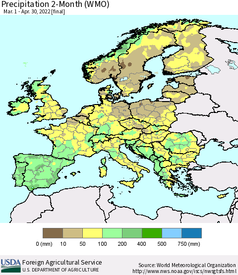 Europe Precipitation 2-Month (WMO) Thematic Map For 3/1/2022 - 4/30/2022